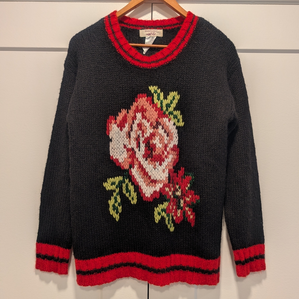 RHAPSODY Women's Black Knit Crewneck Sweater with Red Floral Intarsia Design - Picture 2 of 7